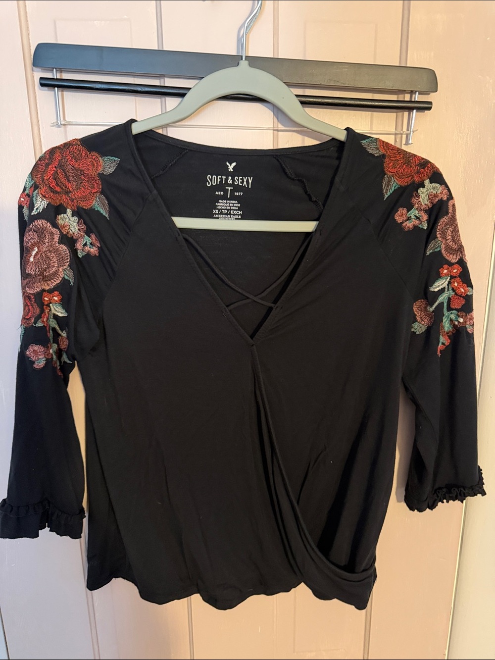 Soft & Sexy Black Embroidered Floral Crop Top